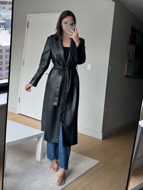 Zara Black Faux Leather Trench Coat Belted Longline Size Small